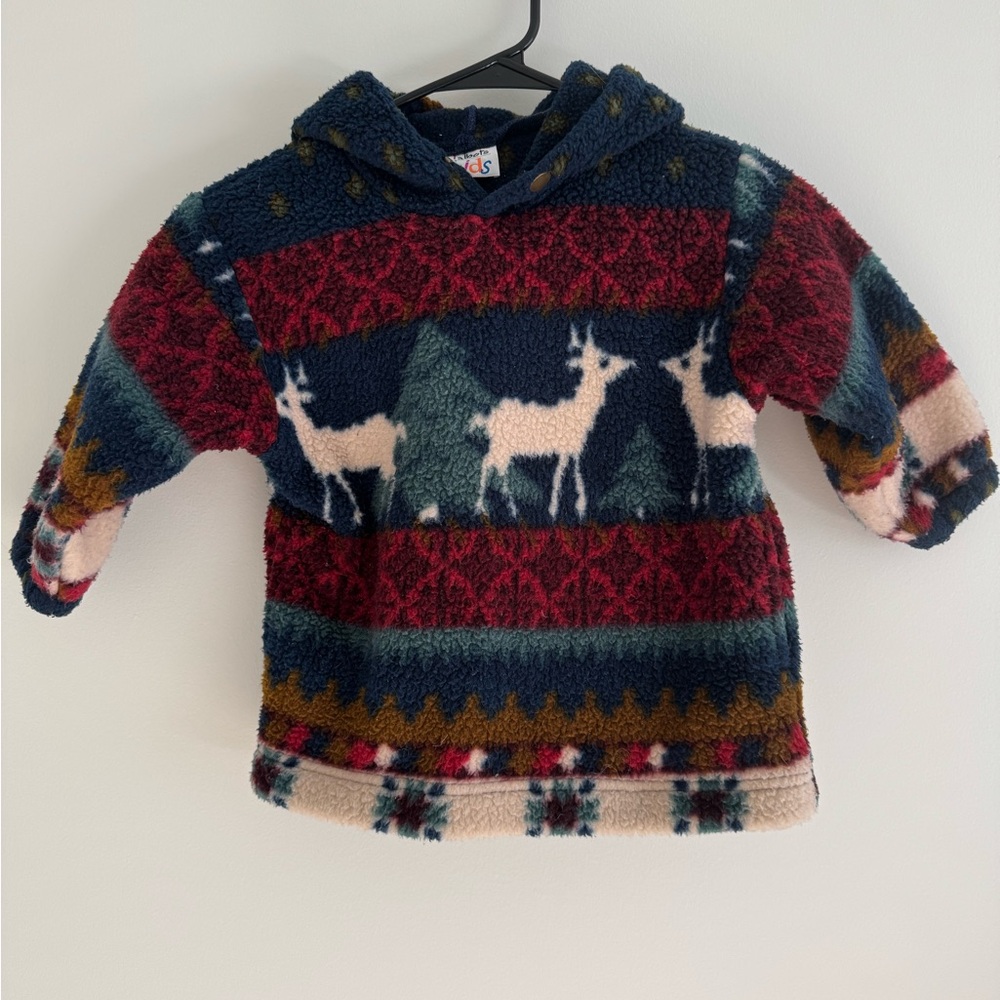 Vintage Talbots Kids Reindeer Hooded Pullover Sweatshirt Sherpa Red Green Blue